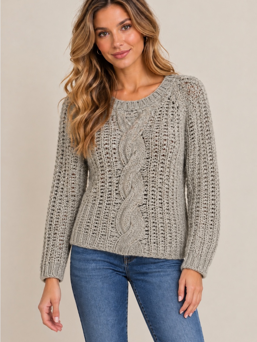 LOFT Cozy Cable Knit Sweater - Taupe